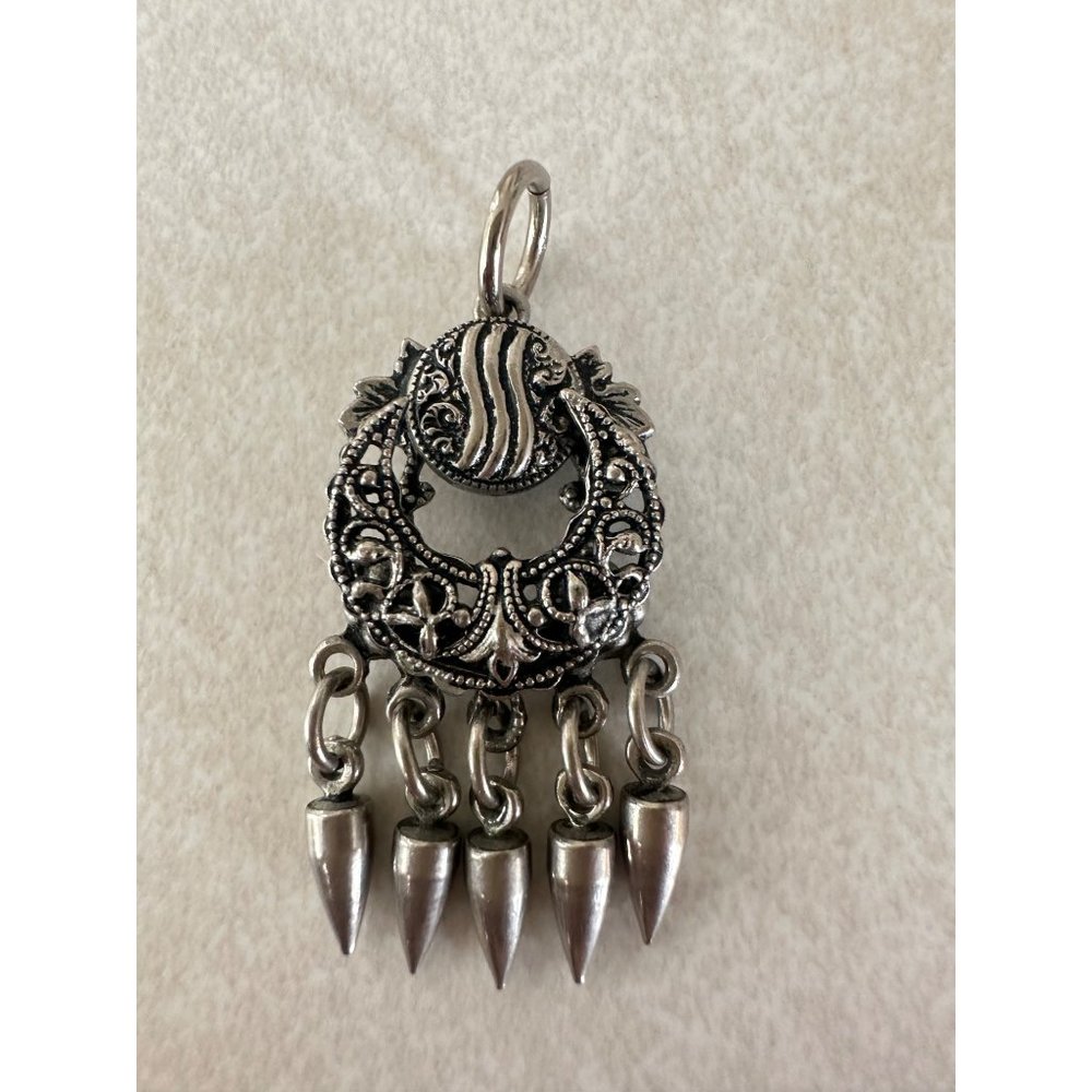 Antique tribal oxidized silver beaded fringe pendant charm